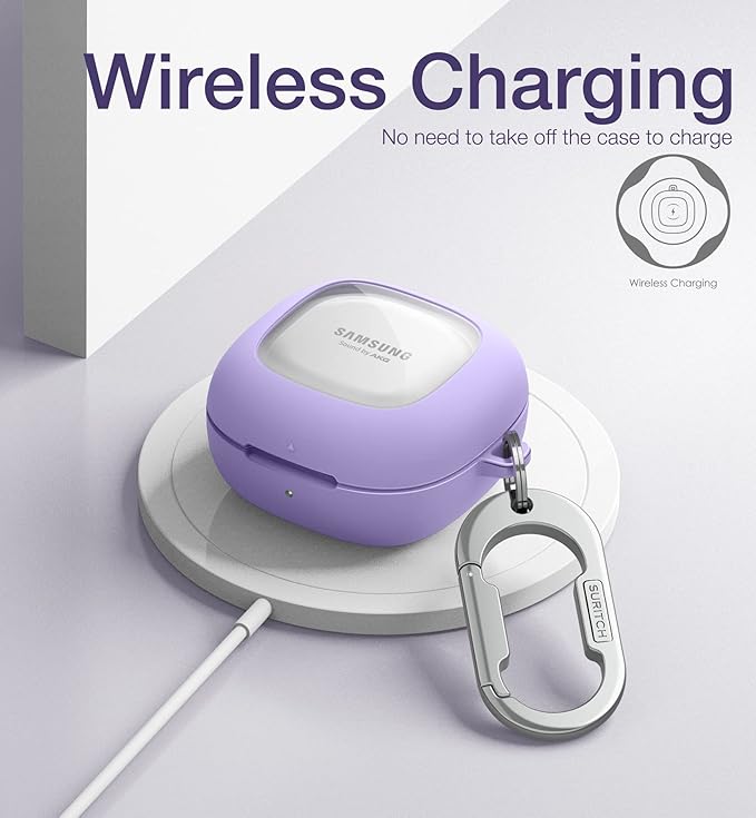 SURITCH for Samsung Galaxy Buds 2 Pro Case(2022)/Galaxy Buds 2 Case(2021)/Galaxy Buds Live Case(2020)/Galaxy Buds Pro Case(2021) Hard Clear PC Shockproof TPU Purple Cover with Silver Carabiner