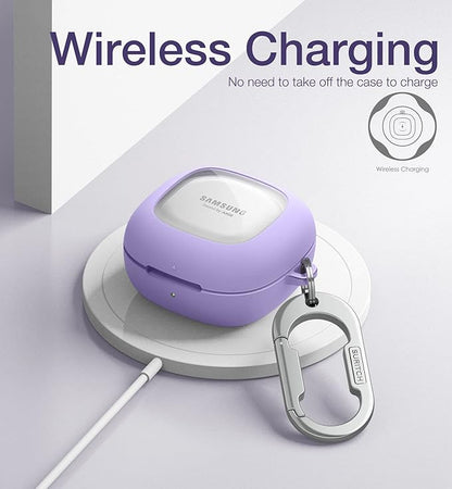 SURITCH for Samsung Galaxy Buds 2 Pro Case(2022)/Galaxy Buds 2 Case(2021)/Galaxy Buds Live Case(2020)/Galaxy Buds Pro Case(2021) Hard Clear PC Shockproof TPU Purple Cover with Silver Carabiner