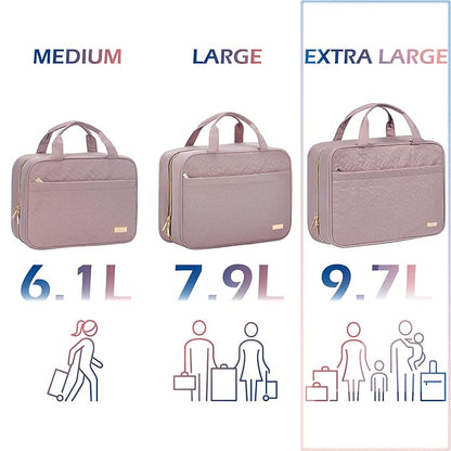 NISHEL Travel Toiletry Bag for women, Portable Hanging Organizer for Family-Sized Shampoo, Conditioner, Brushes Set, Makeup Accessories, Extra Large Size, Peach Pink