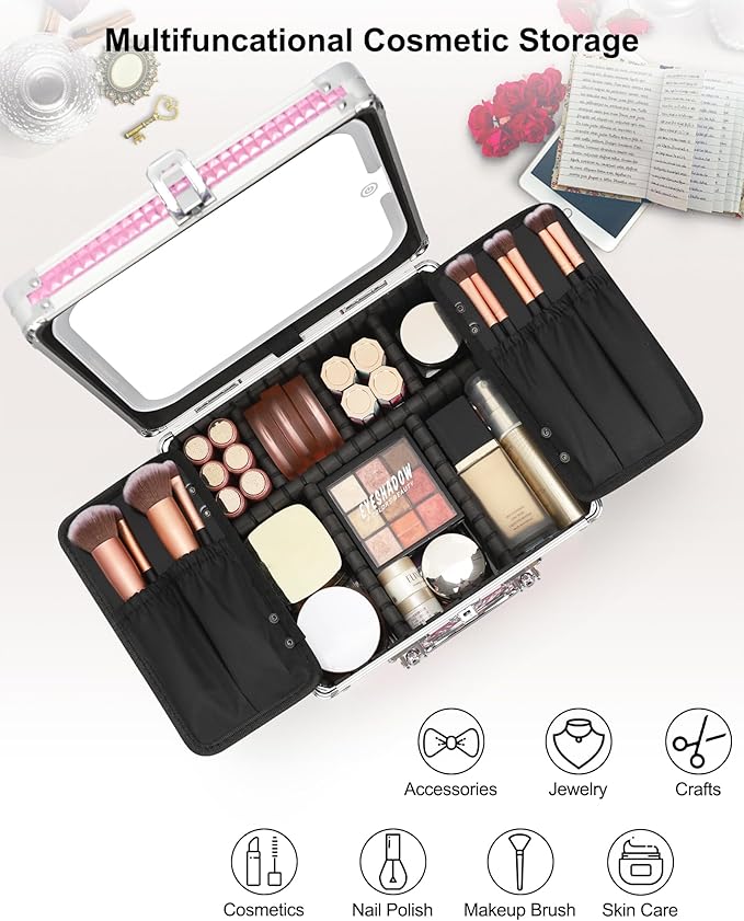Relavel Makeup Bag with LED Mirror, Makeup Box Travel Train Case with Rechargeable Lighted Mirror, Cosmetic Brush Organizer Storage for Makeup Artists Gifts for Women and Girls, Pink