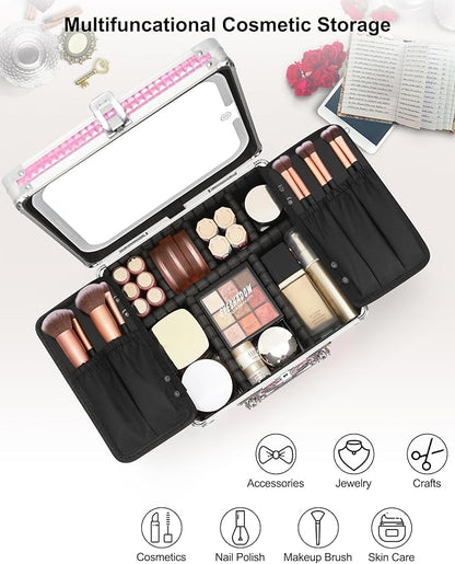 Relavel Makeup Bag with LED Mirror, Makeup Box Travel Train Case with Rechargeable Lighted Mirror, Cosmetic Brush Organizer Storage for Makeup Artists Gifts for Women and Girls, Pink
