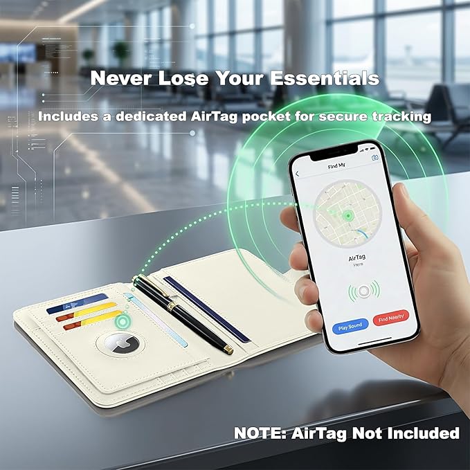 Passport Holder for Travel, RFID Blocking Leather Airtag Wallet for Women Men, Large Passport Cover Essentials Gift, Tickets, Cash, Photo, Sim Card Pen Slot - White