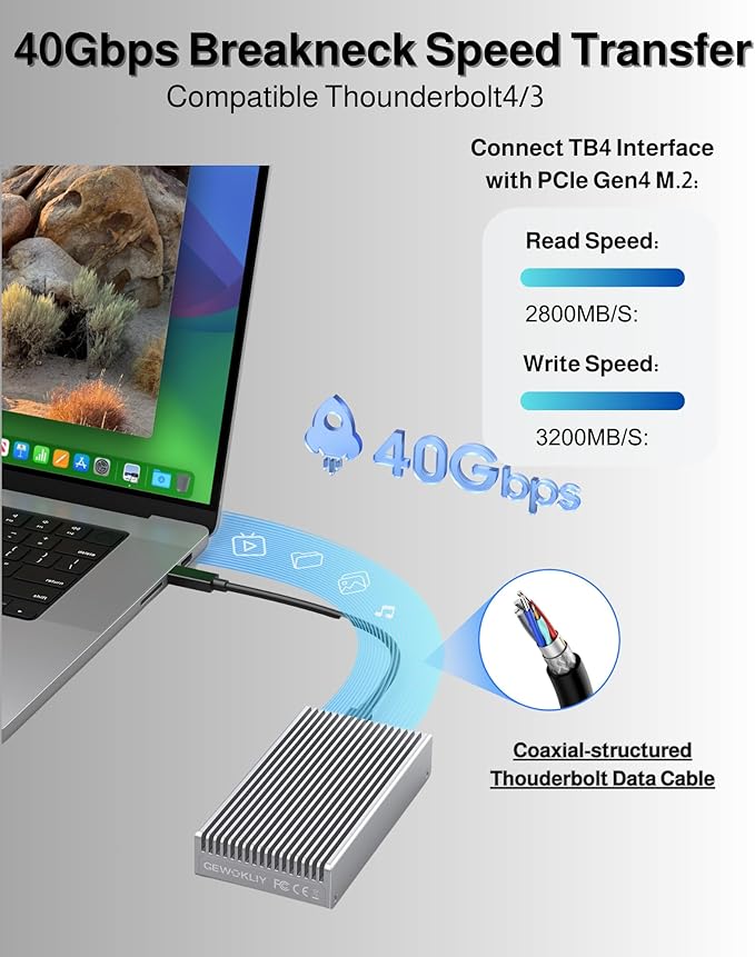 Noiseless 40Gbps M.2 NVMe Enclosure, USB C Aluminum External SSD Enclosure Compatible Thunderbolt4/3 8TB SSD Adapter, PCIe Gen4 M.2 SSD Reader Fits 2280/2260/2242/2230mm M B+M Key (Silver)