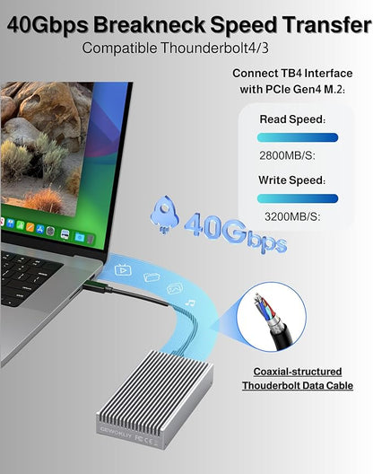 Noiseless 40Gbps M.2 NVMe Enclosure, USB C Aluminum External SSD Enclosure Compatible Thunderbolt4/3 8TB SSD Adapter, PCIe Gen4 M.2 SSD Reader Fits 2280/2260/2242/2230mm M B+M Key (Silver)