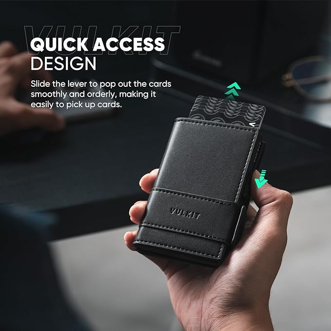 VULKIT Card Holder Bifold Pop Up Leather Wallet for Men RFID Blocking Metal Card Case, Holds 9 Cards and Banknotes Black