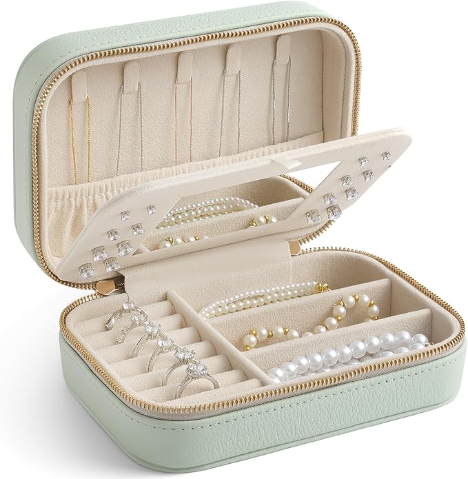 Genuine Leather Travel Jewelry Organizer Case with Mirror for Women, Small Mini Portable Jewelry Box for Ring Earrings Necklace Bracelet Luxury Gift for Women（Mint Green）