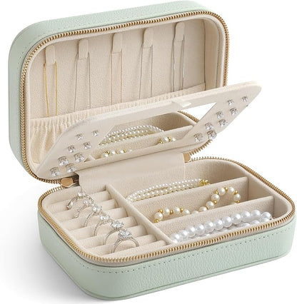 Genuine Leather Travel Jewelry Organizer Case with Mirror for Women, Small Mini Portable Jewelry Box for Ring Earrings Necklace Bracelet Luxury Gift for Women（Mint Green）