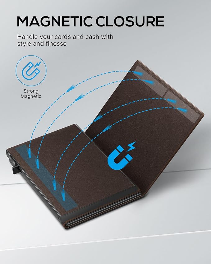 Mens Wallet Card Holder - Smart Wallet for Men, Pop Up Card Case, Top Grain Leather, RFID Blocking, Slim, Minimalist, Ultra-Thin, Front Pocket, 12 Card Capacity | ID Window | Cash Slot (Brown)