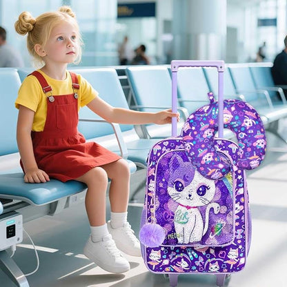 5PCS Kids Suitcase Set for Girls, Cute Sequins Cat Rolling Luggage, Travel Carry-On for Toddlers & Elementary Children