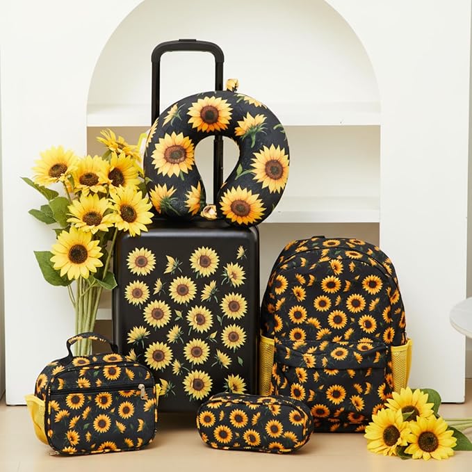 Redbaker 6 Pcs Kids Luggage Set 17 Inch Kids Rolling Luggage Double Pattern Suitcase for Girls Boys School Gift(Back Yellow, 17 Inch, Sunflower Style)
