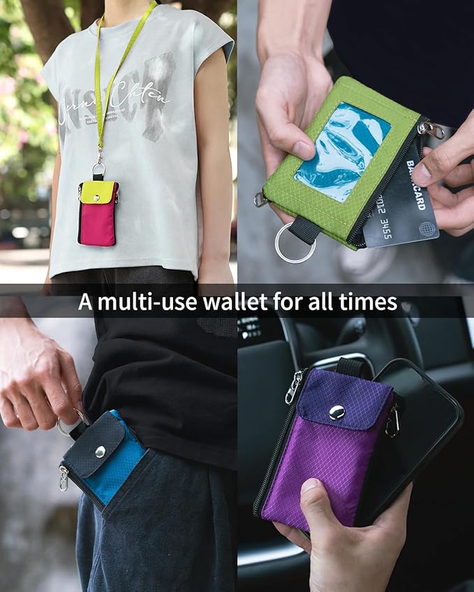 Minimalist Wallet For Mens Womens, Keychain RFID Blocking Zipper Small Wallet with ID Window 2 Lanyards,Water Resistant Travel Cash Card Coin Case Boys Girls