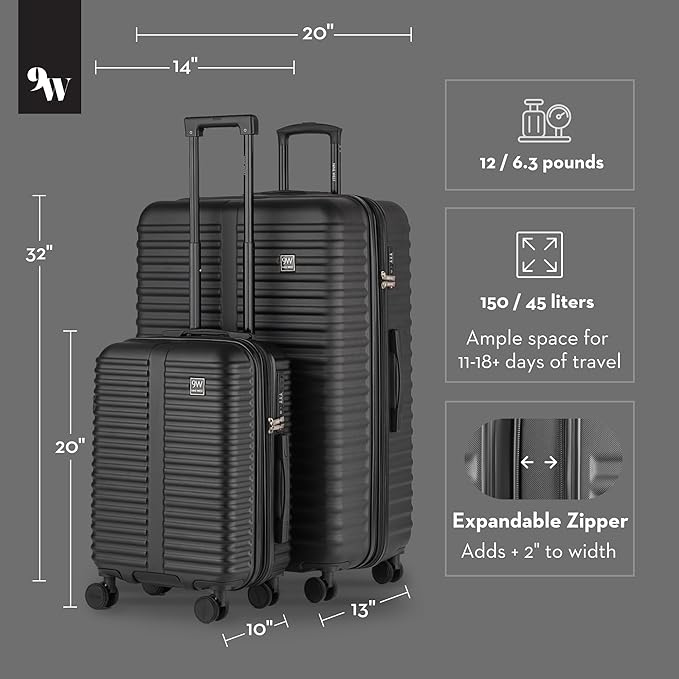 Nine West Suvi 2 Piece Luggage Set for Cruise & Extended Trips, 32" Large Expandable Suitcase & 20" Smart Carry On with USB Port, Hardshell Spinners Midnight Black