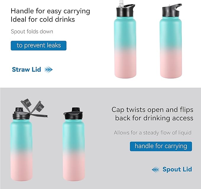 VEGOND 40 oz Insulated Water Bottle Stainless Steel Metal Water Bottles with Leak Proof Straw Lid & Spout Lid, Wide Mouth Double Walled Vacuum Travel Sports Bottle Cup, Green Pink