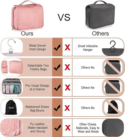 Elviros Hanging Travel Toiletry Bag for Women,3-in-1 Large Makeup Bag and Cosmetic Organizer,Vegan Leather Waterproof Skincare Case for Travel Size Toiletries and Accessories,Gift for Women