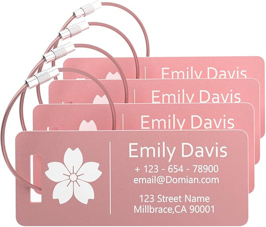 4 Personalized Metal Luggage Tags, Laser Engrave Name and Logo, Custom Aluminum Suitcase Tags with Steel Ring, for Travel, Backpack, Baggage (Pink)