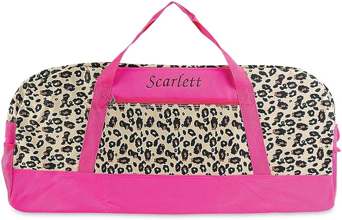 Lillian Vernon Personalized Duffel Bag for Kids, Roomy Pink Leopard Weekender With Front & Side Compartment, Customizable Girls Sports & Travel Bags With Custom Name, 13" x 15" x 30"W