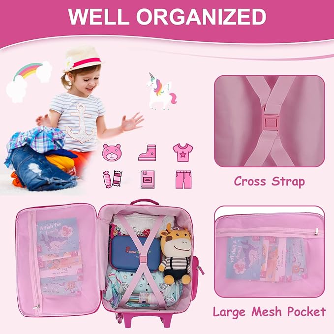 RAVUO Kids Luggage with Wheels for Boys Girls, Cute Travel Carry On Suitcase for Children Toddlers Classic Rolling Luggage with Large Front Pocket for School and Overnight