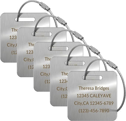 (5pcs) Made in USA Personalized Engraved Luggage tag-Custom Luggage Metal Tags for Unique Suitcase & Backpack Travel, Durable, Waterproof & Heavy Duty ((2×2) Silver)