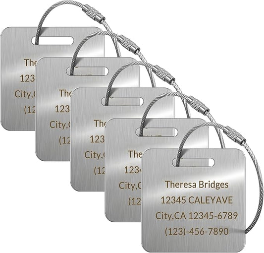 (5pcs) Made in USA Personalized Engraved Luggage tag-Custom Luggage Metal Tags for Unique Suitcase & Backpack Travel, Durable, Waterproof & Heavy Duty ((2×2) Silver)