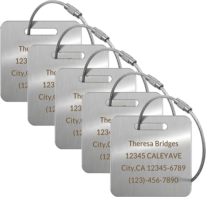 5 Pack Custom Engraved Luggage Tags, 2 x 2 inches Waterproof Personalized Luggage Tags, Aluminum Personalized Bag Tags for Suitcases/Backpack/Luggage Accessories [Silver]