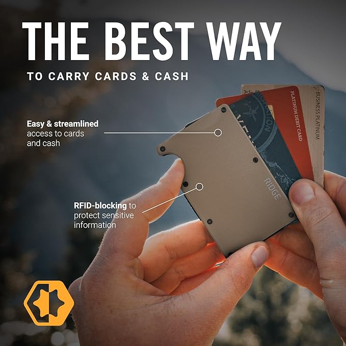 Ridge Wallet for Men - Slim Minimalist Compact Wallet and Card Holder, RFID Protected Front Pocket Wallets for Men with Integrated Cash Strap (Mojave Tan)