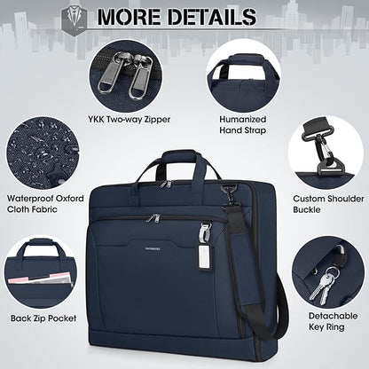 RAINSMORE Garment Bags for Travel Carry On Garment Bag for Hanging Clothes, Suit Bag for Business Trips with Shoes bag & Shoulder Strap, Waterproof Foldable Suit Luggage Bag for Men Women, Blue
