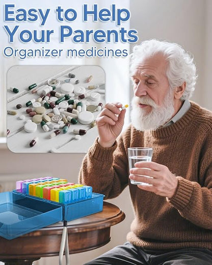 Monthly Pill Organizer 2 Times a Day, FRIWOLE Medicine Box with Portable Weekly Pill Bag, Keychain Pill Case, Pill Cutter and 2 Sticker(Blue, 2 Times a Day)