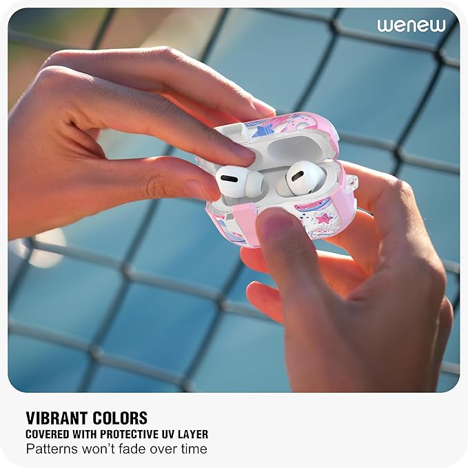 WENEW Case for AirPods Pro & Pro 2 Case Cover Secure Lock Snap Switch Clip Cleaner Kit Lanyard Women Stylish Universe Moon Full Body Hard Shell Front LED Visible (Pink Universe, AirPods Pro & Pro 2)