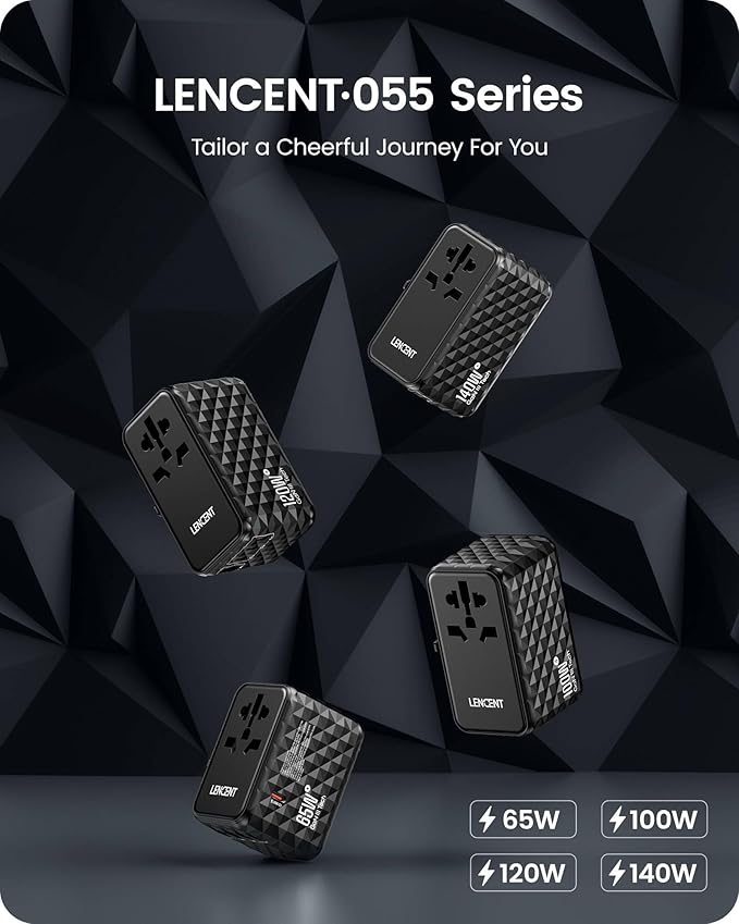 LENCENT 65W GaN International Travel Adapter with 2 USB-A & 3 Type C Ports, Fast Charger for Phones & Laptops, Worldwide Plug Adapter for USA/UK/EU/AUS, Black