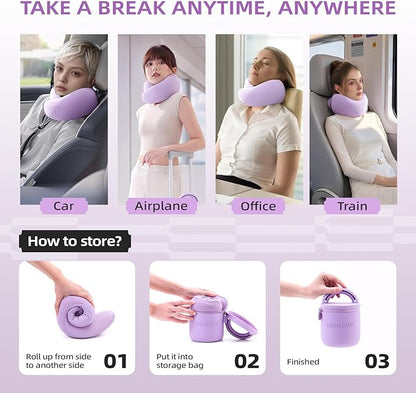 Travel Pillow - Memory Foam Neck Pillow Airplane, Neck Travel Airplane Pillow for Long Flight, 360º Support, Machine Washable (Purple)