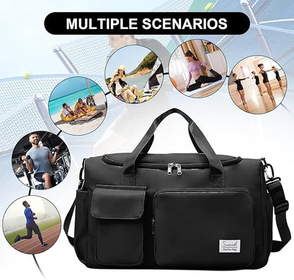 Gym Bag for Women Men, Travel Duffle Bag Large Capacity Carry On Weekender Bag With Shoe Compartment Gym Tote Dry Wet Separation Duffel Bag with Makeup Bag, Black