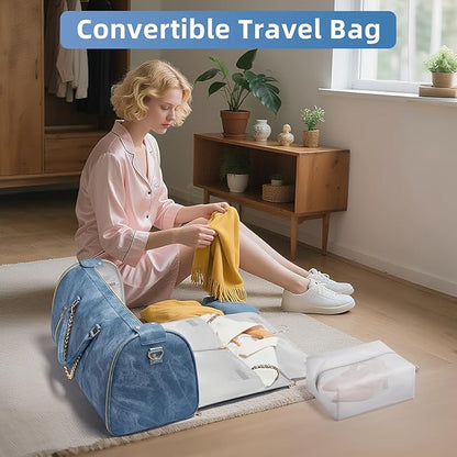 Garment Duffle Bag for Travel, Convertible 20.5×10×12.5 Inch Carry On Garment Bag for Women, Foldable Travel Bags with Shoe Compartment & Toiletry Pocket for Business Trip, Vacation, Blue