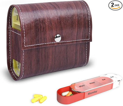 Pill Organizer,LIZIMANDU Weekly Travel Pill Case Box Medication Reminder Daily AM PM, Day Night 7 Compartments,for 4 Times A Day, 7 Days a Week-Includes Leather PU Carrying Case(1-Wood-Light Brown)