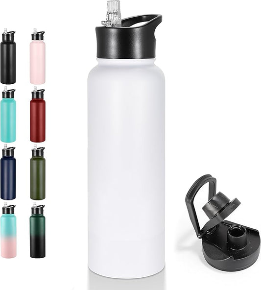 VEGOND 40 oz Insulated Water Bottle Stainless Steel Metal Water Bottles with Leak Proof Straw Lid & Spout Lid, Wide Mouth Double Walled Vacuum Travel Sports Bottle, White