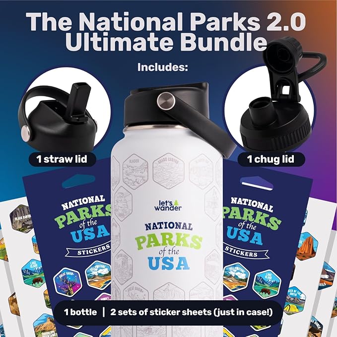 LET'S WANDER National Parks Water Bottle 2.0 Ultimate Bundle | Includes Straw Lid, Chug Lid & 2 Sets of 63 Waterproof Stickers | 32oz Leakproof Insulated Stainless Steel Gift Pack (Blue)