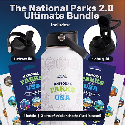 LET'S WANDER National Parks Water Bottle 2.0 Ultimate Bundle | Includes Straw Lid, Chug Lid and 2 Sets of 63 Waterproof Stickers | 32oz Leakproof Insulated Stainless Steel Gift Pack (Black)