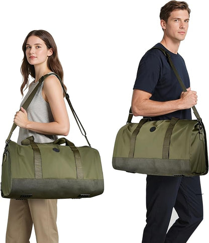 travel inspira Convertible Garment Bag 2 in 1 Carry On Garment Duffle Weekender 45L with Extended Shoe Compartment, Waterproof Nylon, Hanging Hook for Travel Business Men, Army Green