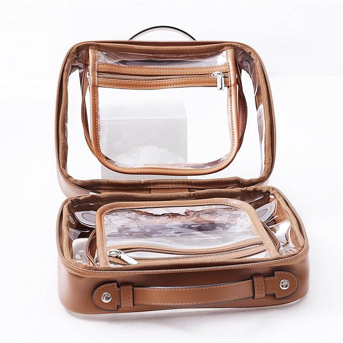 SANHECUN traveling toiletry Case large clear cosmetics case makeup bag Dimensions | LxWxH:10” x 4.5” x 7.5”(Brown, Medium)