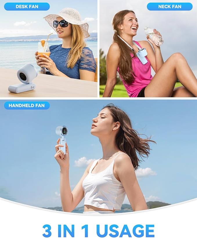 Portable Handheld Turbo Fan, 5-Speed Personal Fans, 5000mAh Rechargeable Fans Up to 12 Hours, Weight only 0.6lb Small Fan, Hand/Neck/Desk Fan 3 IN 1, Beach Vacation Essentials(Blue)