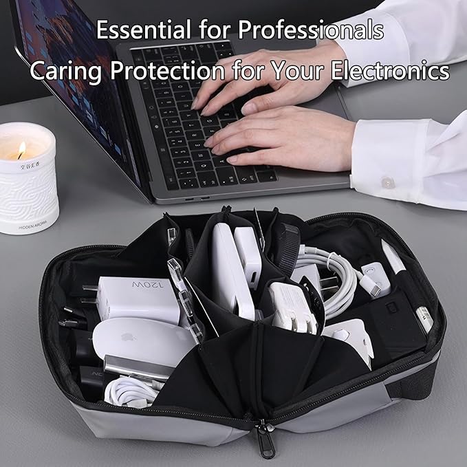 Electronics Travel Organizer Case - Tech Accessories Cord Storage Bag for Phone, Charger, Power Bank, Cables, USB, SD Card, Earphones, Magic Mouse - Portable Cable Organizer Pouch for Travel (Grey)