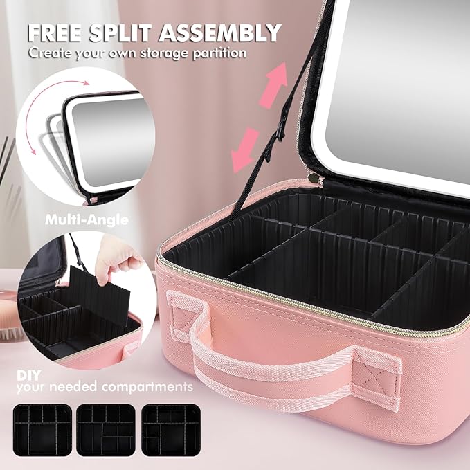 Travel Makeup Bag with Removable Mirror and Light, LED Lighted Make up Train Case, Cosmetic Organizer with PU Leather, 3 Colors Dimming Light, Adjustable Dividers & Brush Storage Board, Gift for Women