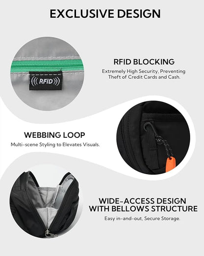 WATERFLY Fanny Pack Waist Bag: 2.3L Large RFID Blocking Crossbody Bags for Women Men, Breathable Casual Anti-Theft Hip Pouch for Traveling Walking Hiking-Black