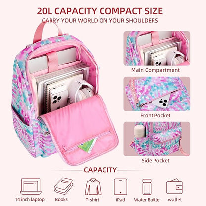 OMOUBOI 14 inch Travel Laptop Backpack for Women 20L Carry on Casual Daypacks Water Resistant Work Computer Laptop Bags College School Bookbag Multicolor Pink