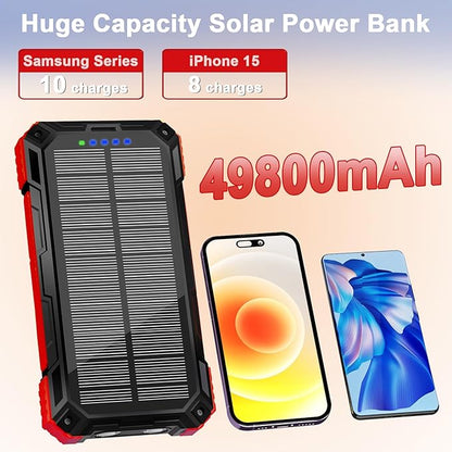 WONGKUO Solar Charger Power Bank - 49800mAh Solar Phone Charger with USB-C in/Output, QC 3.0 Fast Charging with LED Flashlight, Built-in 4 Cables, IP65 Waterproof Fits for Outdoor (Brilliant Red)