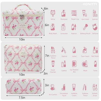 Makeup Bag,Quilted Cosmetic Bag,Large Floral Make Up Bag for Women,Cotton Makeup Bag Set,Flower Travel Toiletry Bag