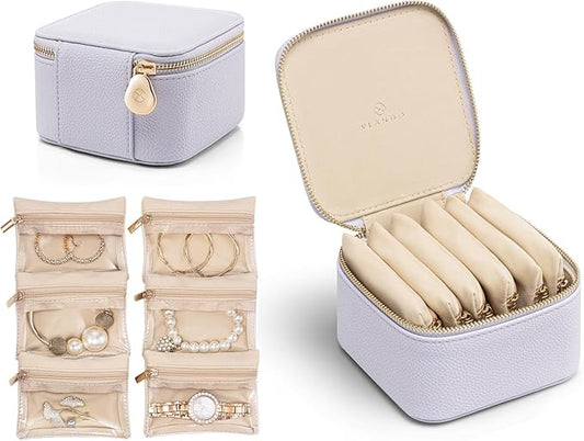 Vlando Travel Jewelry Box Organizer - 6 Small Velvet Zipped Pouches Pockets for Jewelries Necklaces Rings Earrings Sorting Storage, Lilac Purple