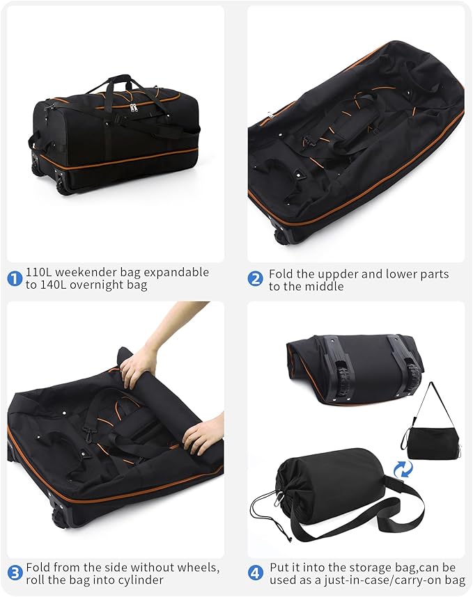 32" Soft-Sided Foldable Wheeled Travel Duffel Bag,Expandable 110L to 140L Rolling Cargo Bag with 2 Wheels and Multiple Pockets (001-Black Orange)