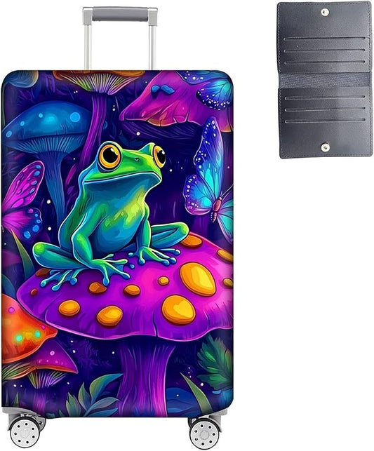 Luggage Cover Protector for 30-32 Inch Suitcases, TSA Approved Elastic Travel Suitcase Covers, Anti-Scratch Washable Luggage Sleeve for Carry On & Checked Bags, Frog on Mushroom