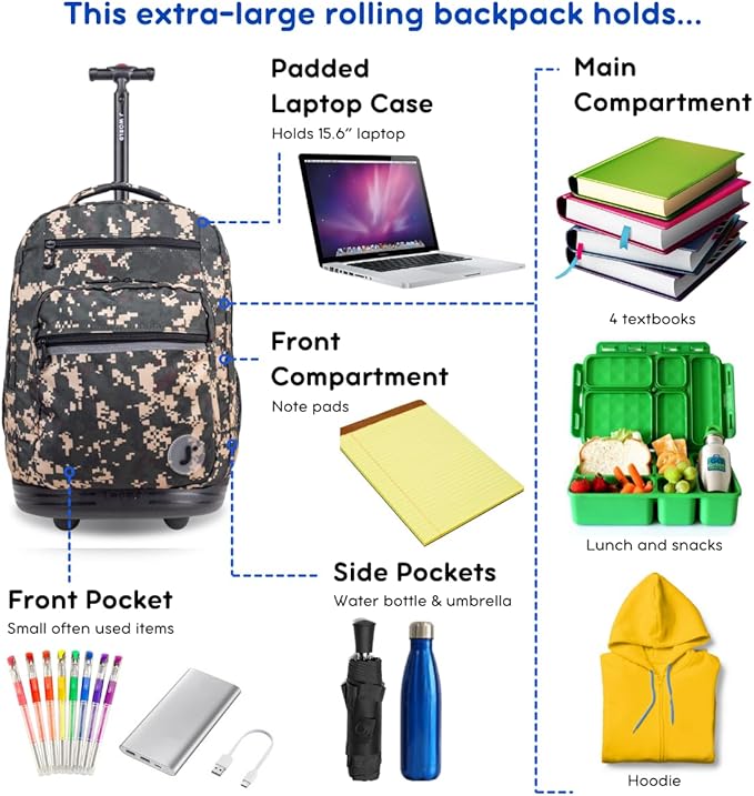J World Sundance Laptop Rolling Backpack for Girls Boys. Roller Bookbag with Wheels, Green Camo
