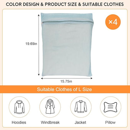 4-Piece Blue Large Durable Organic Cotton Mesh Laundry Bags with Sturdy Zippers and Breathable Mesh are Delicate Laundry Bags for Underwear, Clothes, Pants and Socks